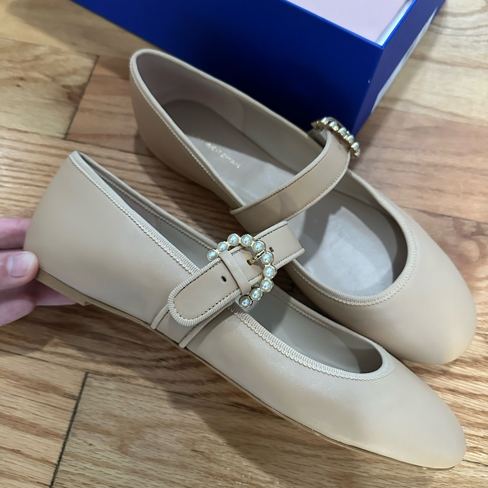 Stuart Weitzman Pearl Buckle Mary Jane Flats in Nude